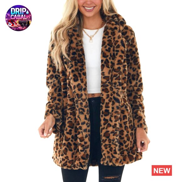 Jackets & Blazers - Faux Fur Jacket Leopard Print Oversized Chic Winter Coat with Pockets